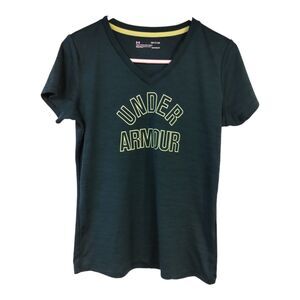 Under Armour Women's Green athletic running Tee Shirt with Spell out logo Size S